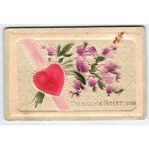 Valentines Day Postcard Fabric Heart Deep Embossed Greetings Plain Back Vintage
